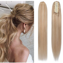 Human Hair Ponytail Extension Remy Claw Clip Ash Blonde Mix Bleach Blonde 14 Inch Volume Boost