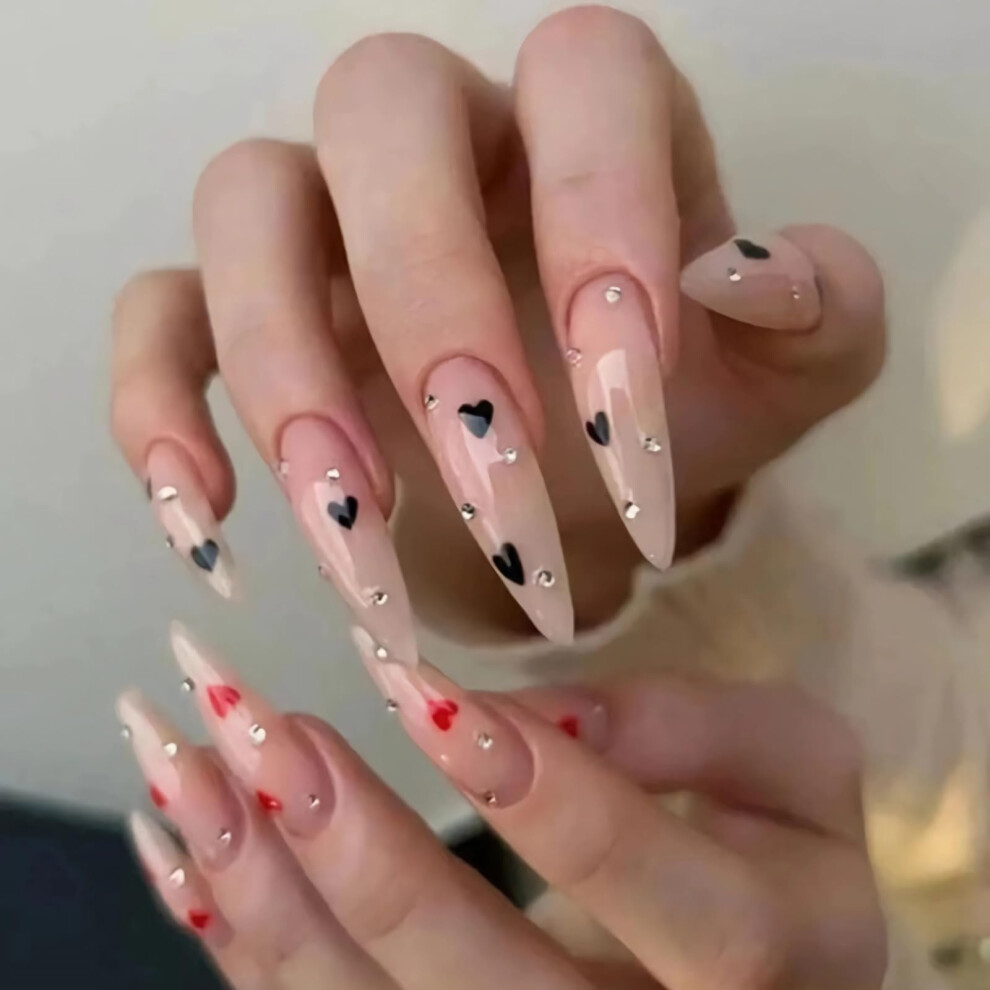 Black,Red Long Stiletto Press On Nails With Glue Black And Red Heart Rhinestone Valentine's Day Fake Nails