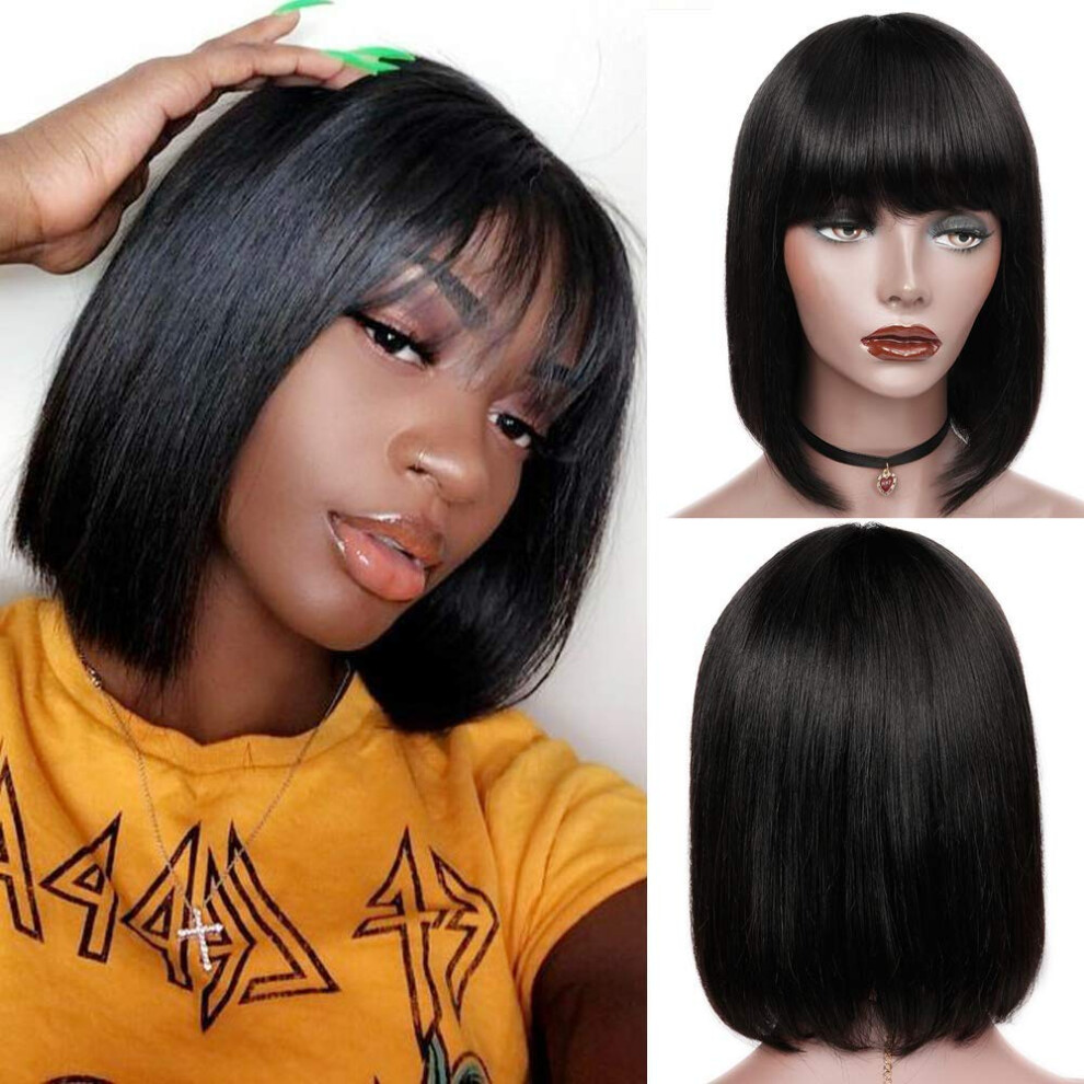 Unisex Bob Wig With Bangs Glueless 10 Inch Brazilian Virgin Human Hair Silky Straight 150% Density