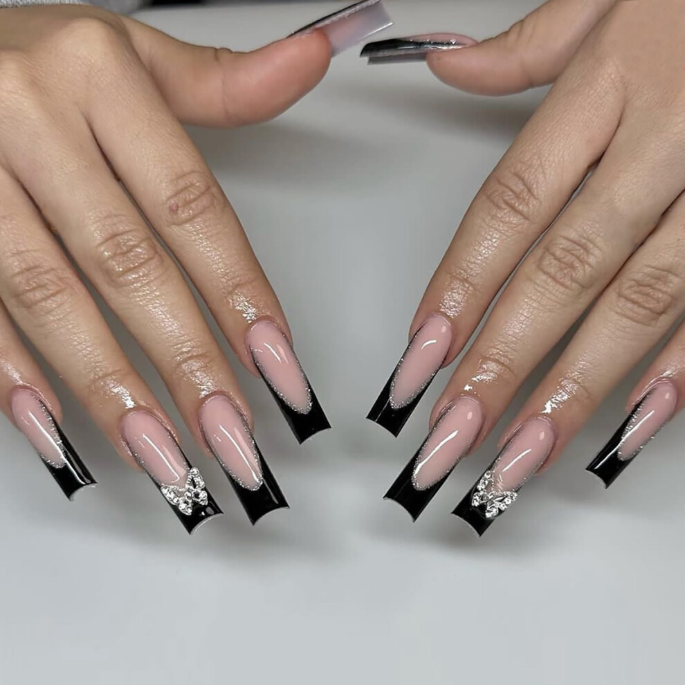 Long Nude Pink Coffin Press on Nails with Butterfly Rhinestones, 24pcs Acrylic Fake Nail Kit