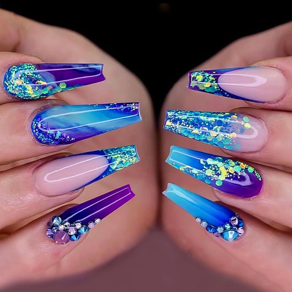 Blue Long Coffin Press On Nails With Rhinestones Accents, 24Pcs Fake Nails Set
