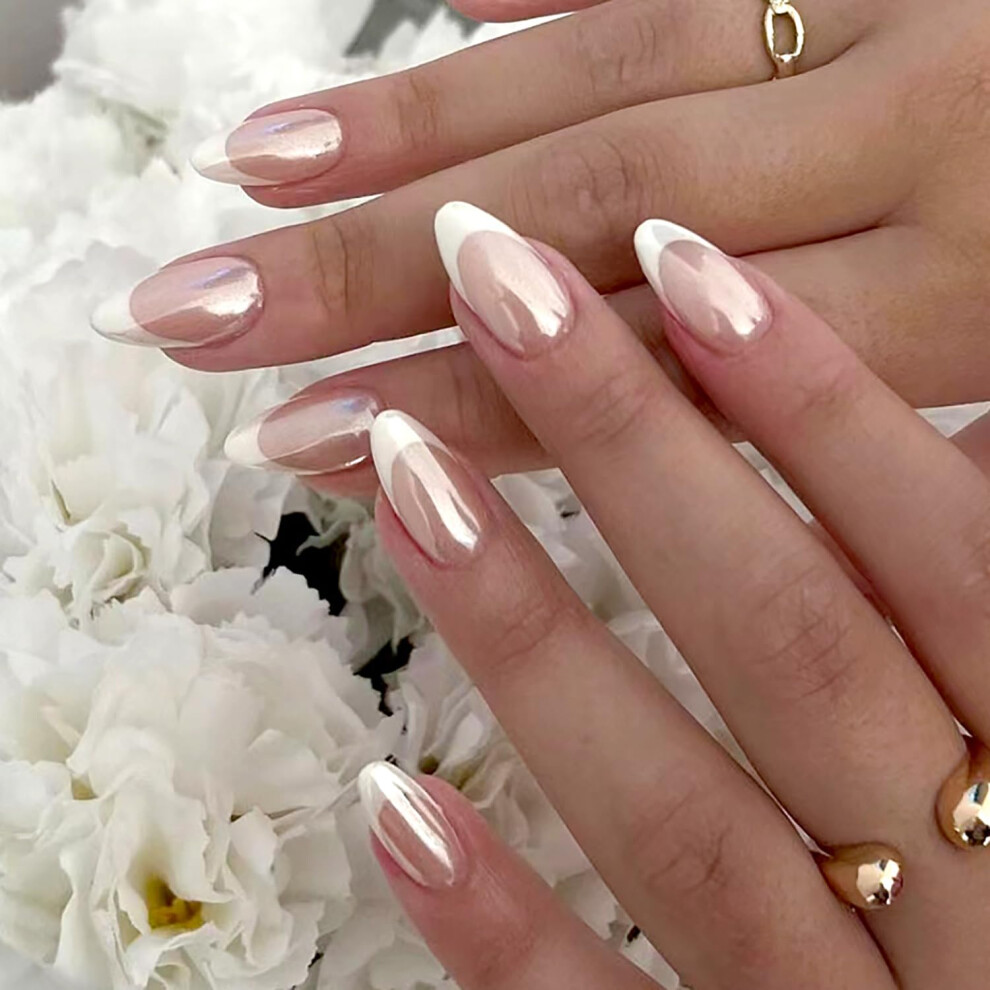 Medium Almond Press On Nails French Tip Acrylic Fake Nails Reusable Glue On Nails Kit for Women