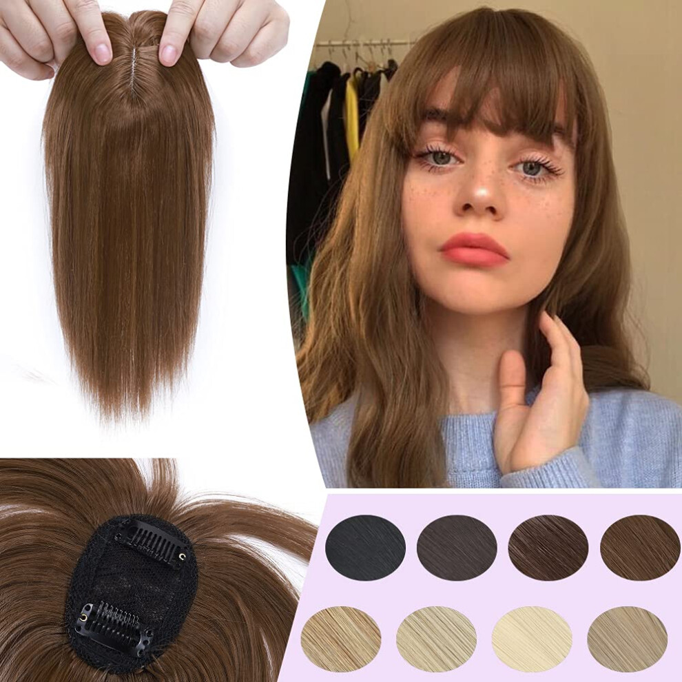 Unisex Hair Topper With Bangs For Women, Synthetic Short Clip In Hairpiece For Thinning Hair, Blonde 9 Inch