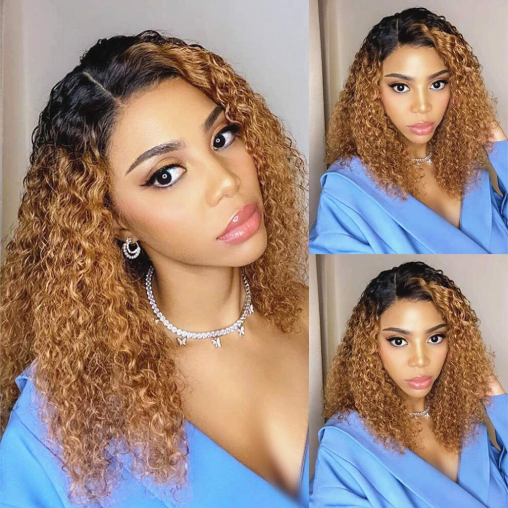 Unisex Brown Human Hair Lace Front Wig Ombre Afro Curly Bob Brazilian Remy 12 Inch Pre Plucked