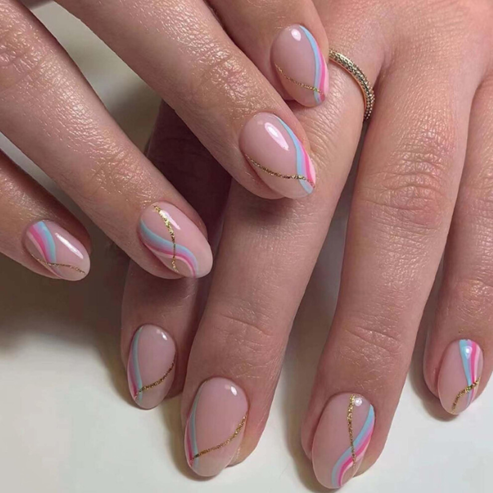 Cream Short Almond Press On Nails Nude Acrylic Fake Nails Set Longlasting Wear For Women 24Pcs