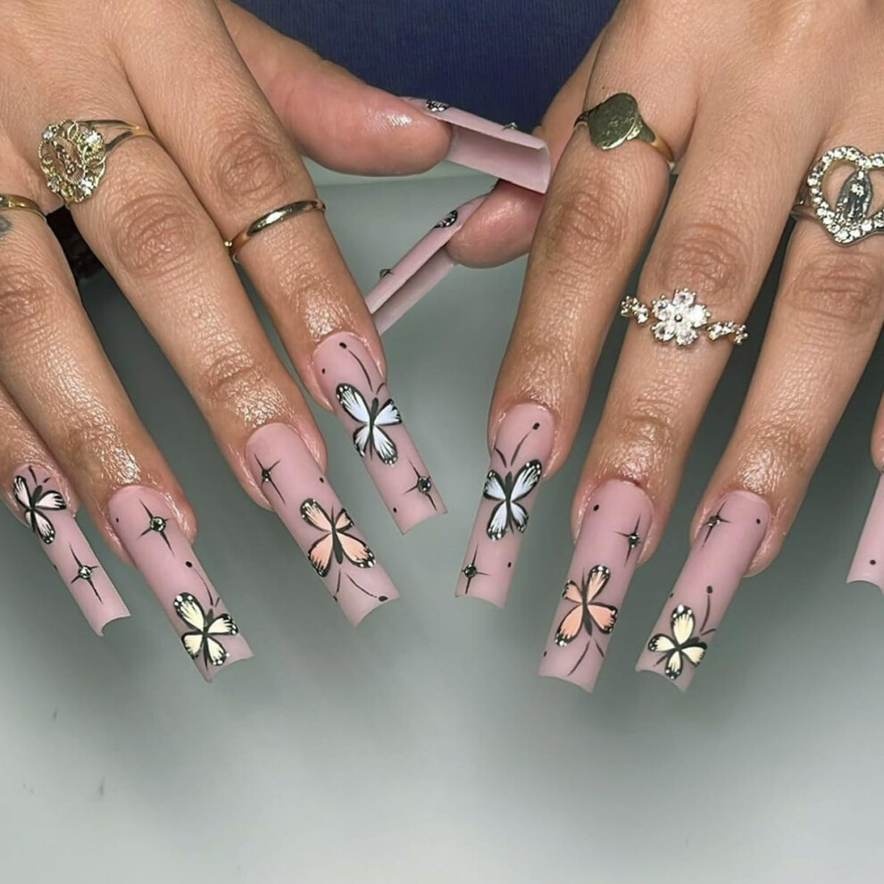 Long Pink Square Press on Nails 24pcs Acrylic Glue on Fake Nails Set for Women Instant Salon Look