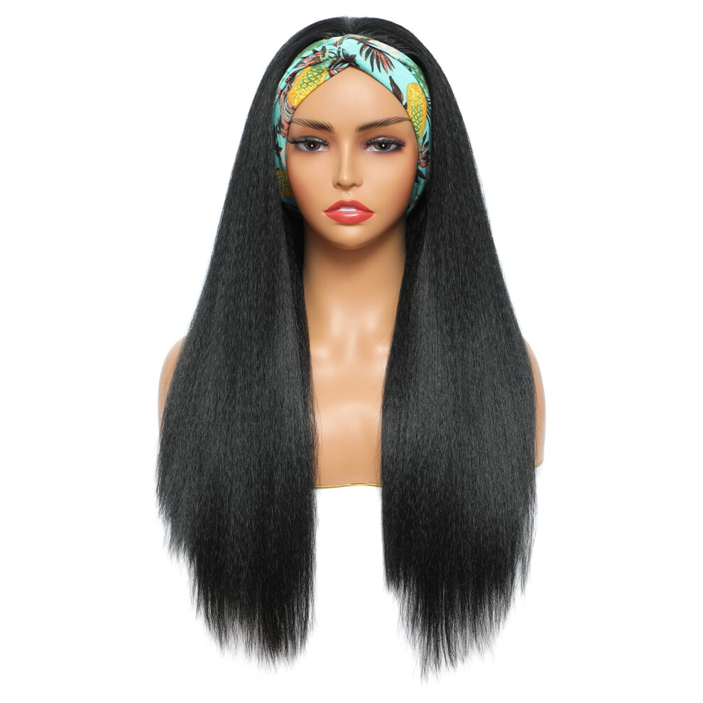 Unisex Black Headband Wig 22 Inch Kinky Straight Synthetic For Women 1B Natural Glueless Easy Wear