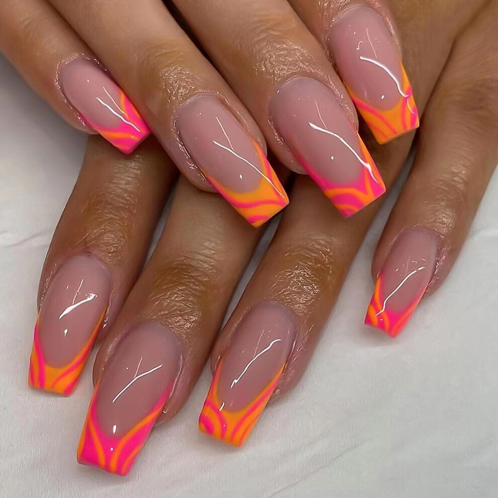 Cream 24Pcs Square Press On Nails Nude Medium Fake Nails With Colorful Swirl Design For Instant Manicure