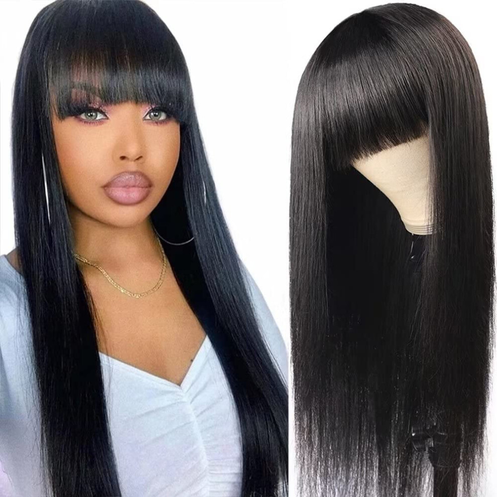 Unisex Black Bone Straight Brazilian Virgin Human Hair Wig With Bangs Natural 1B For Women 22Inch
