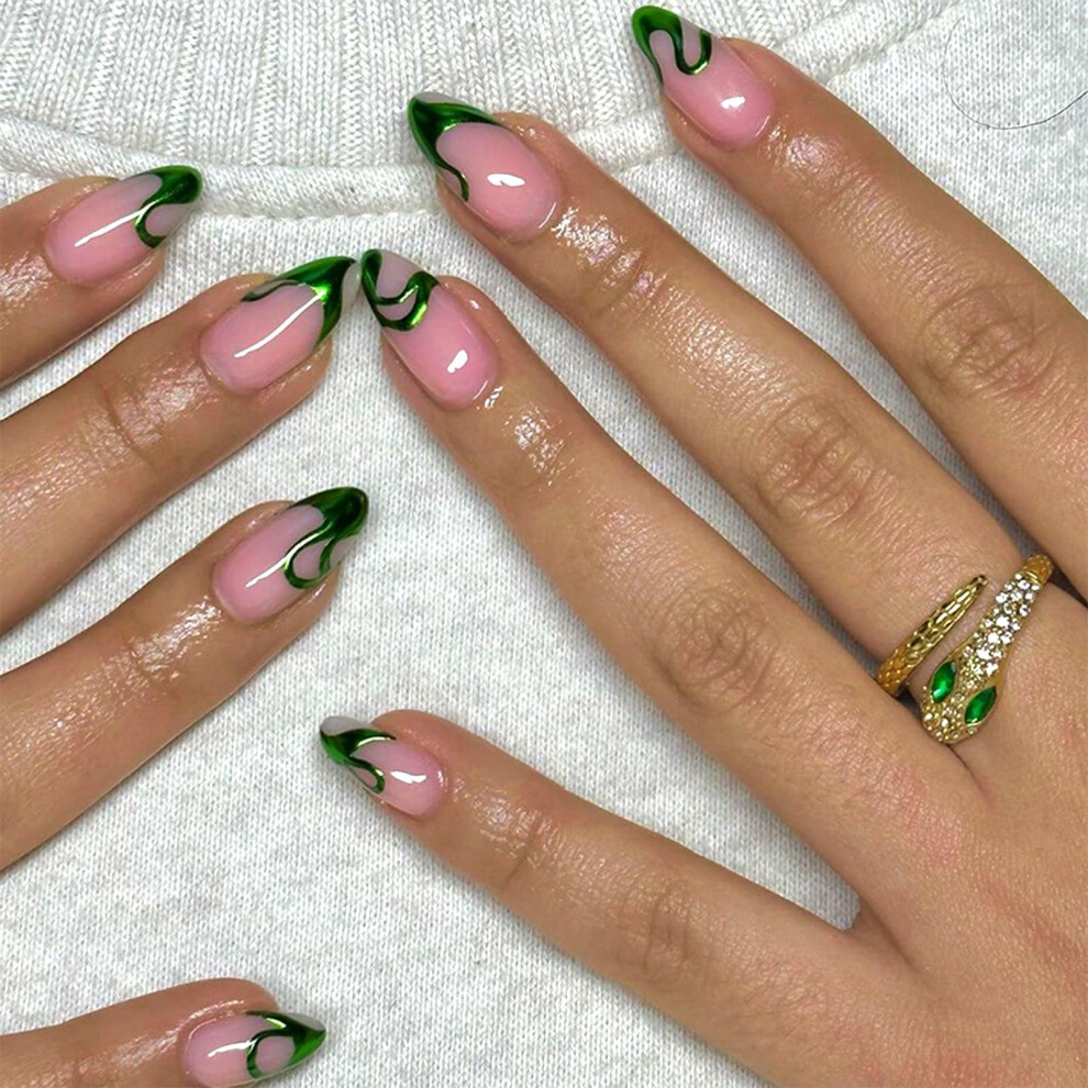 Medium Almond Press on Nails French Tip Stiletto Fake Nails Glossy Acrylic with Designs 24pcs