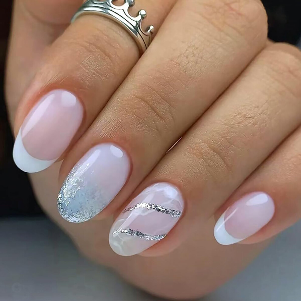 Pink,White Press On Nails Short Almond White And Pink Acrylic Fake Nails With Glue Reusable Glossy Set 24Pcs