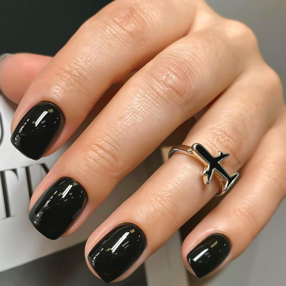 Black 24Pcs Short Square Press On Nails Glossy And French Fake Nails Set With Easy Glue Application