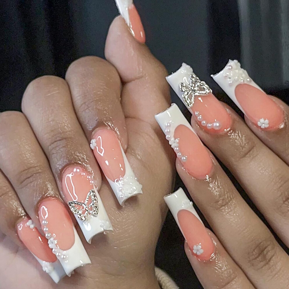 24PCS Long Square French Tip Press On Nails with Glitter and Rhinestones, Instant Salon Manicure