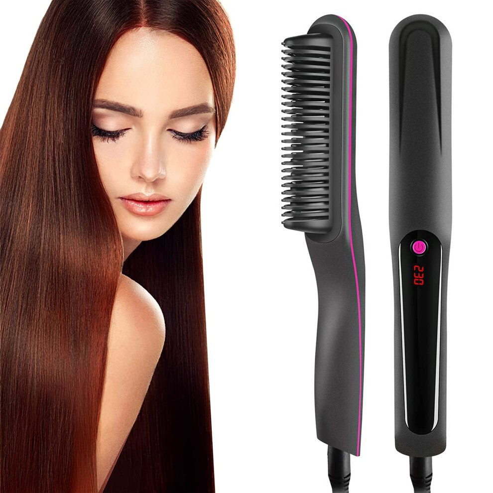 Hair Straightener Brush and Beard Straightener, Ceramic Ionic Comb, Fast Heating, AntiScald, 3 Temp Settings