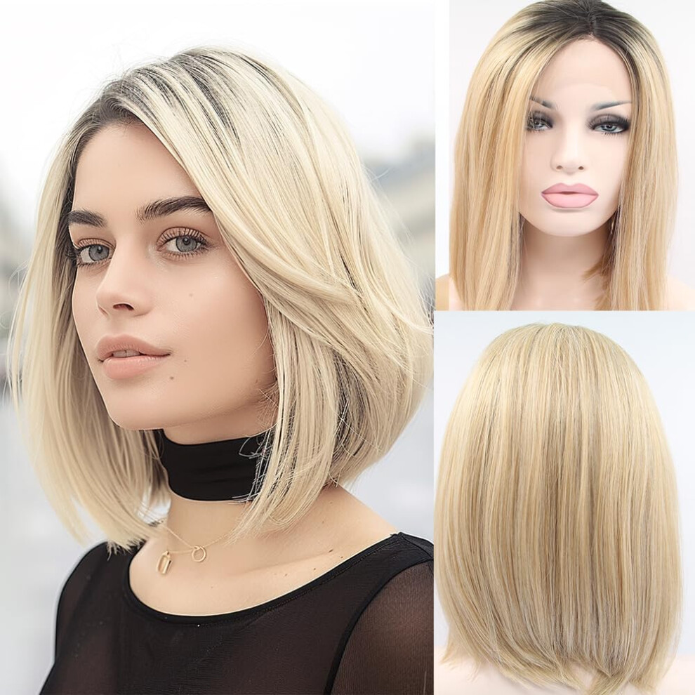 Unisex Dark Blonde Lace Front Wig Ombre Bob With Roots Natural Hairline Heat Resistant For Women