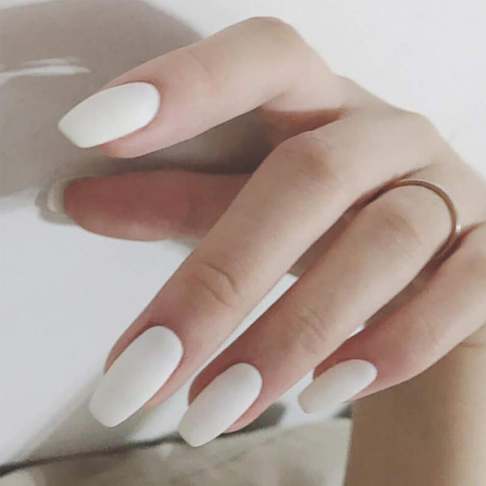 Matte White Coffin Press On Nails Medium Length Acrylic Fake Nails Set with Adhesive Tabs 24PCS