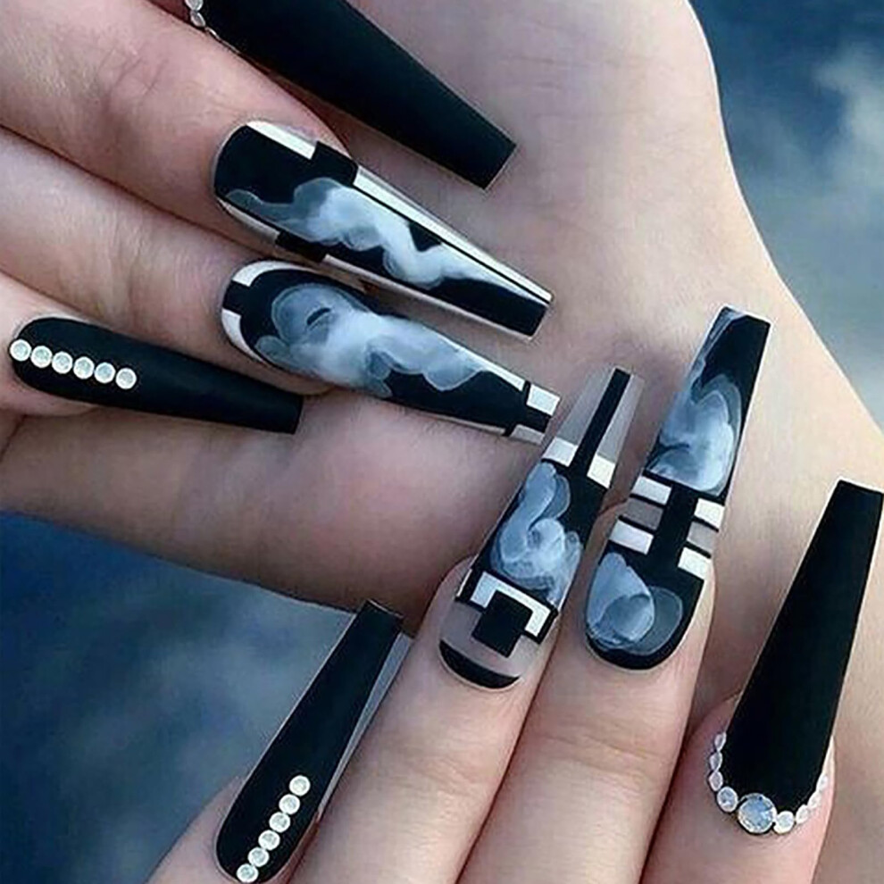 Black Gothic Long Coffin Press On Nails With Rhinestones, Reusable Matte Fake Nails For Women 24Pcs
