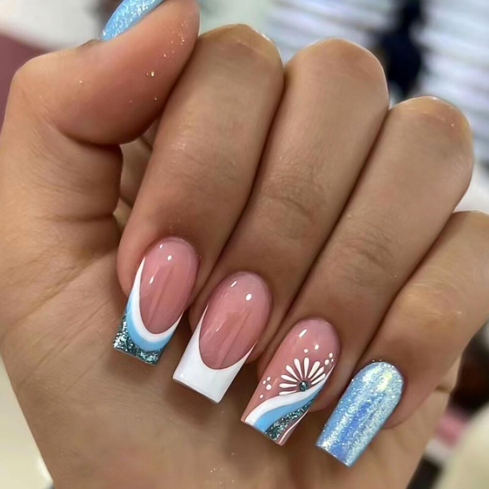 Blue Press On Nails Medium Square Glitter Fake Nails 24Pcs Instant Salon Manicure For Women