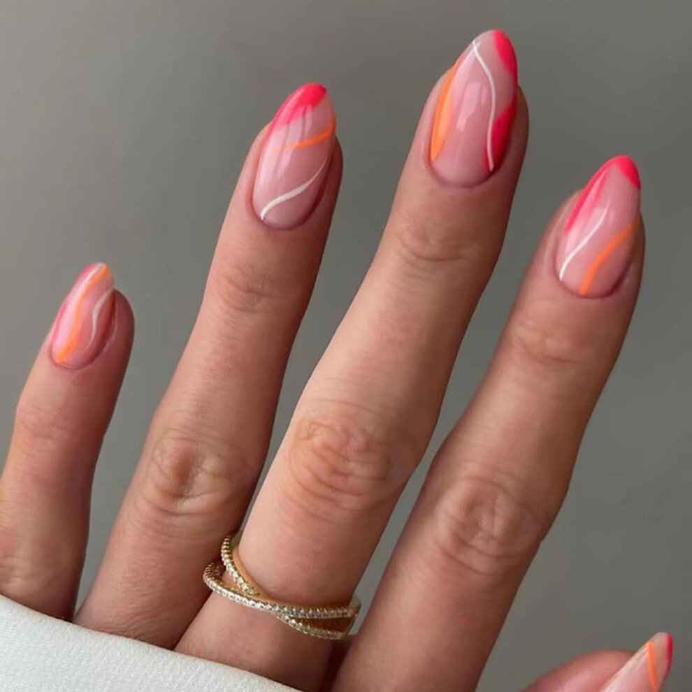Pink Almond Press On Nails Medium French Tip Glossy Fake Nails With Color Swirl 24Pcs Set