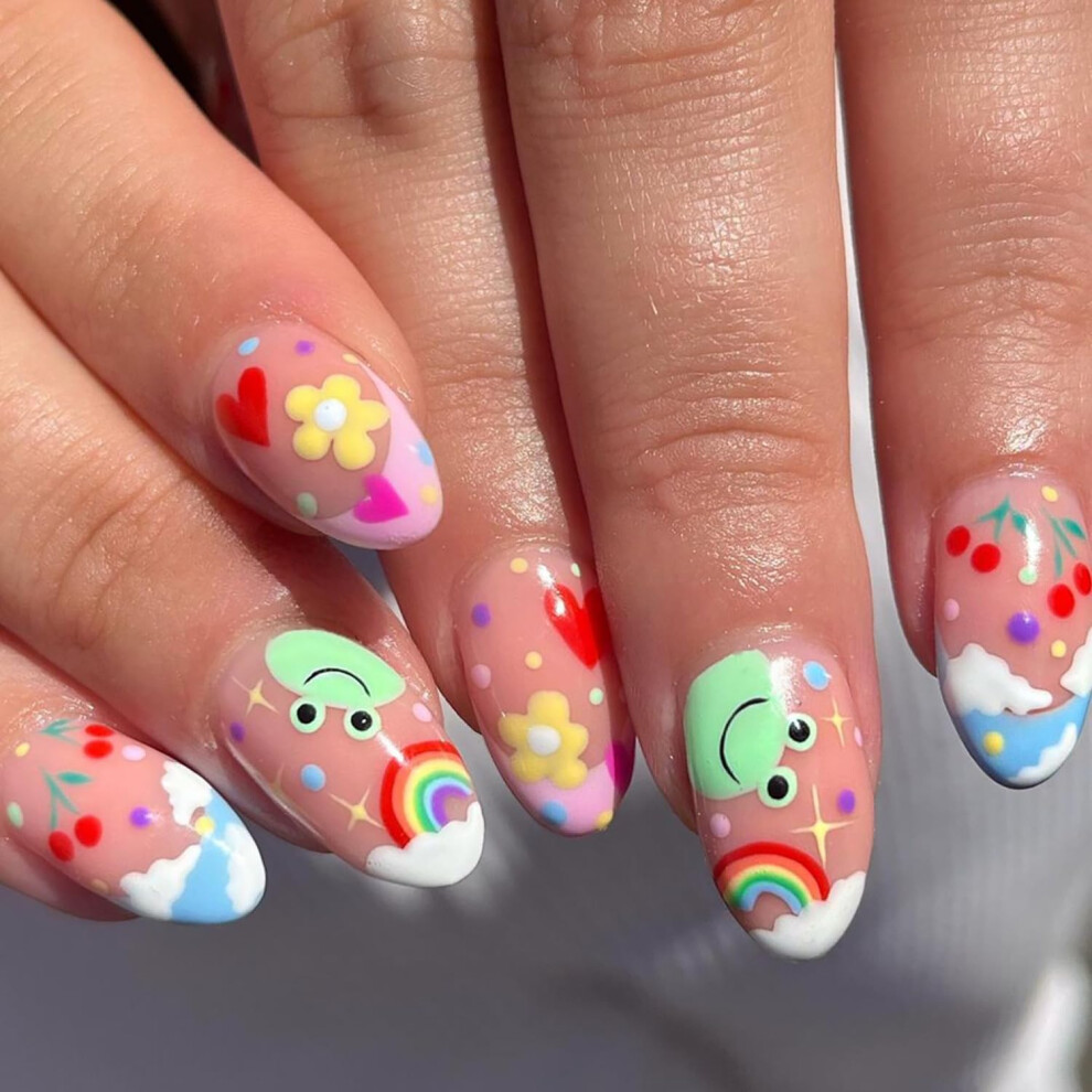Short Almond Press On Nails Floral French Tip Fake Nails Rainbow Design Glue On Nails 24Pcs