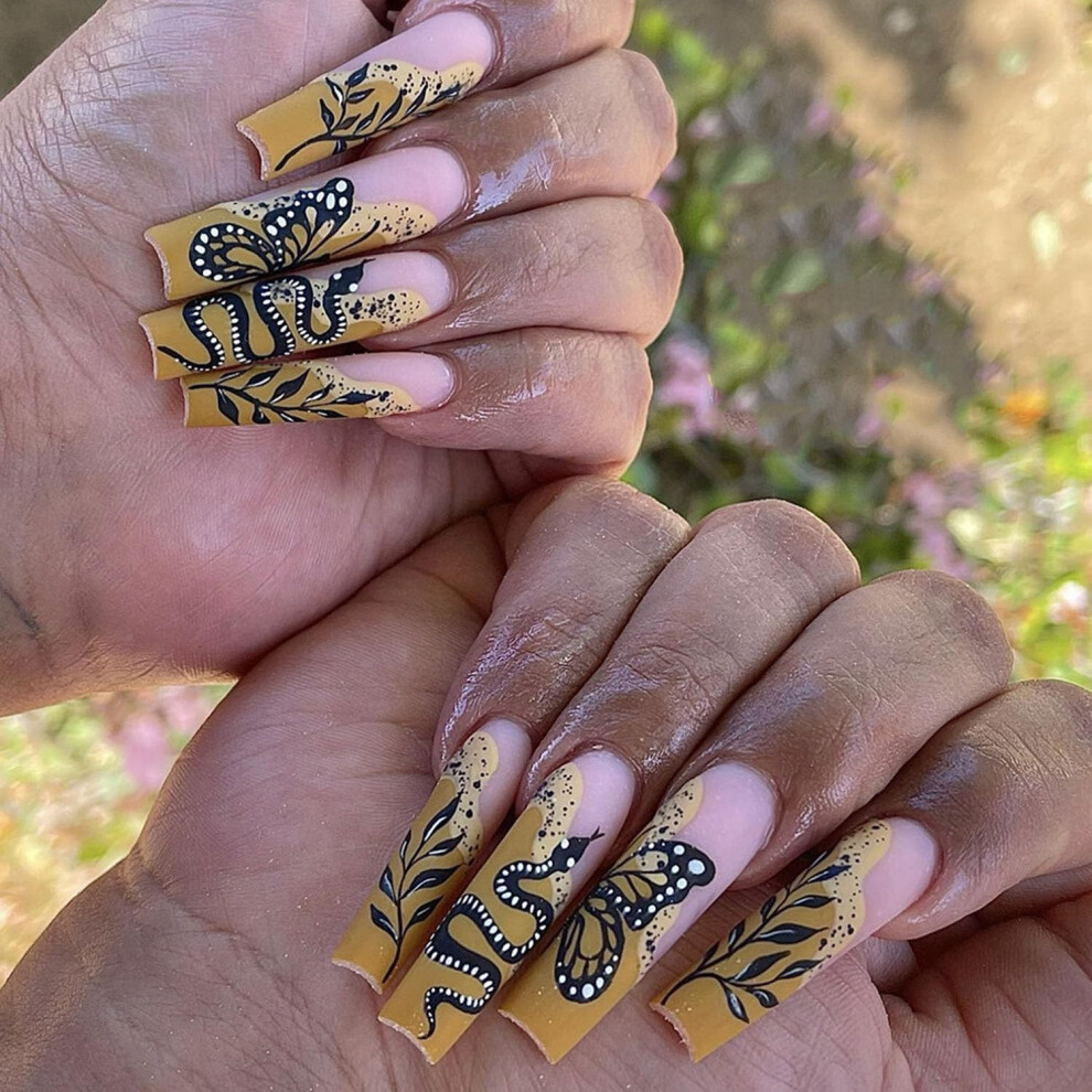 Black 24Pcs Snake Butterfly Press On Nails, Reusable Fake Nails With Durable Glossy Finish
