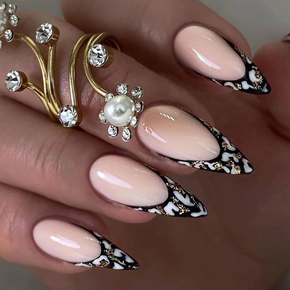 Black French Tip Press On Nails Medium Stiletto Fake Nails With Glitter Leopard Design 24Pcs