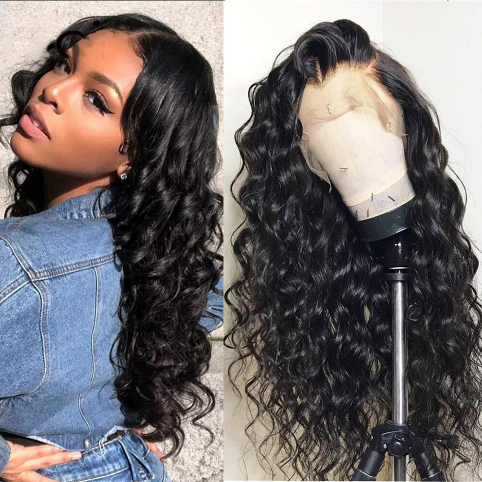Unisex Black 360 Lace Frontal Wig Pre Plucked Loose Deep Wave Brazilian Virgin Human Hair 16In 180% Density For Women