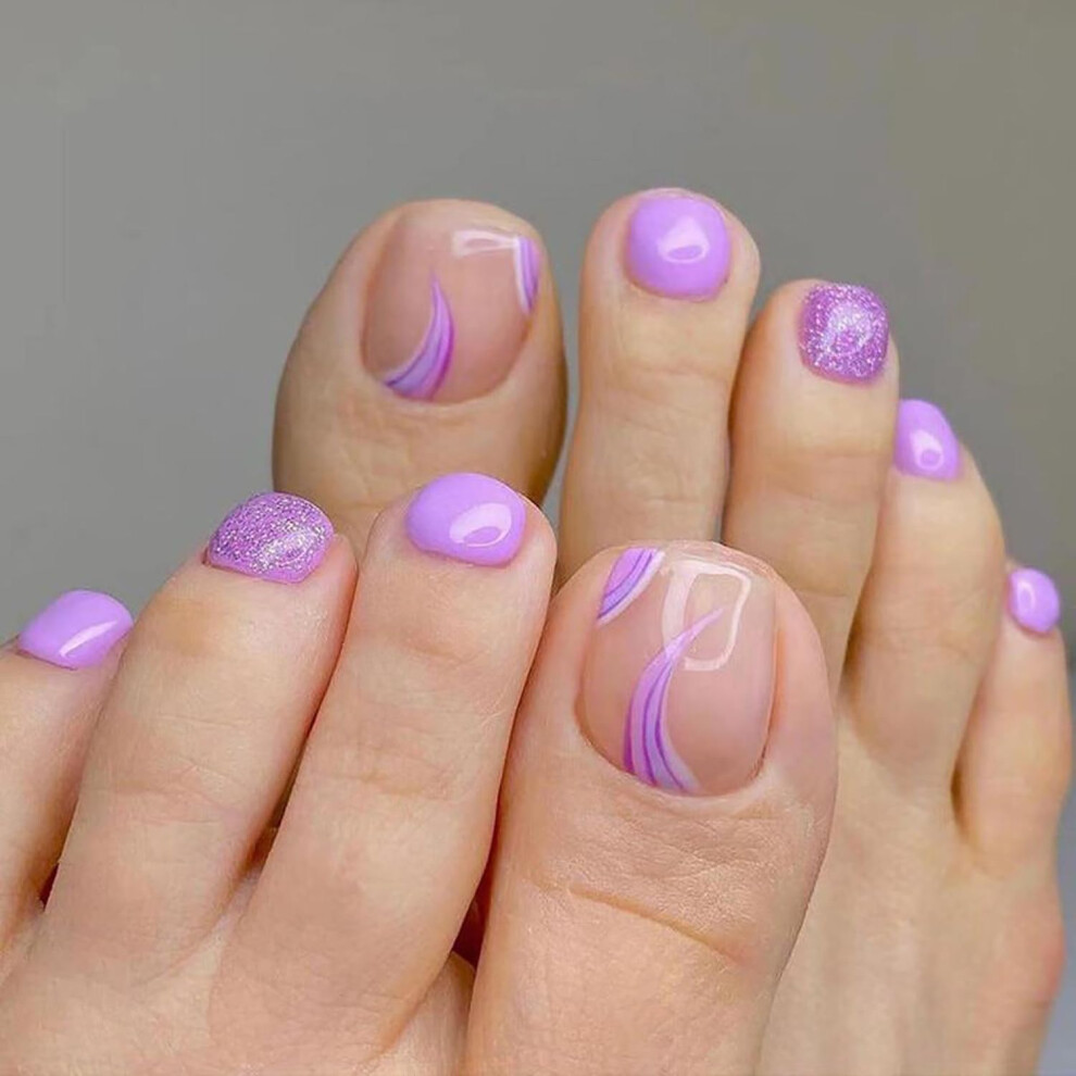 Purple Glossy Press On Toenails Square Acrylic Fake Nails With Line Design Glue On For Women
