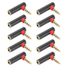 Adaptador de áudio de alta qualidade com design em ângulo reto, conectores banhados a ouro, compatibilidade universal, construção leve e robusta,