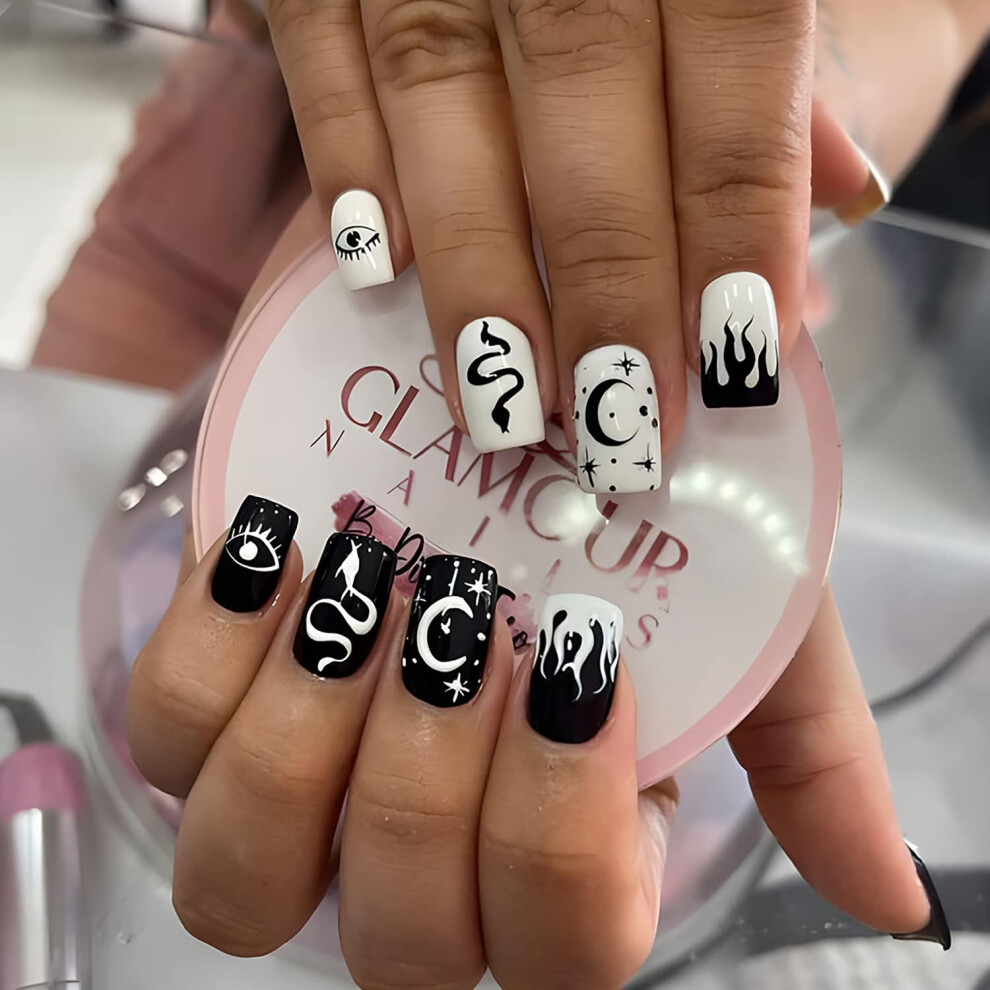 Black and White Press On Nails Short Glossy Snake Star Moon Design 24Pcs Full Cover Fake Acrylic Nails