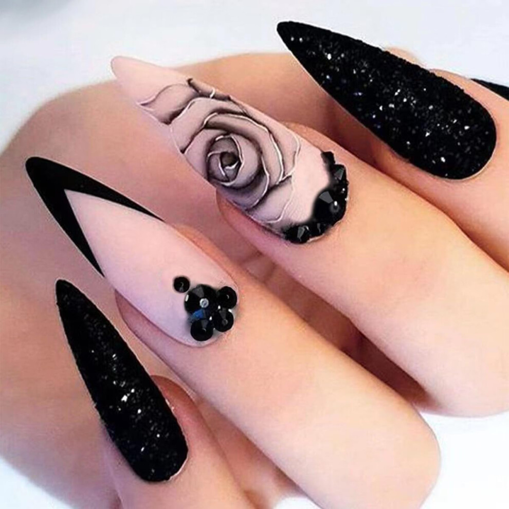 Black French Tip Press On Nails Medium Almond Rose Glitter Fake Nails With Rhinestones 24Pcs