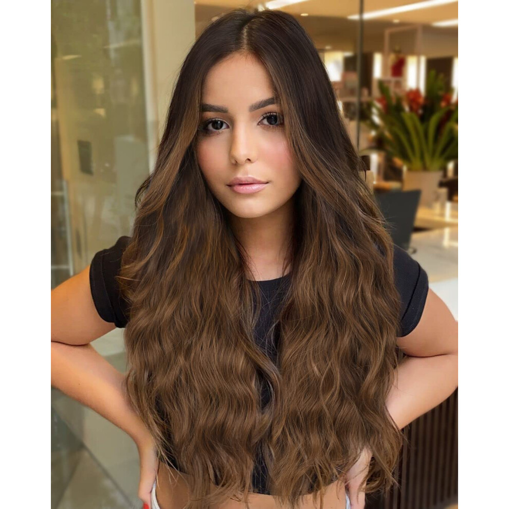 Unisex Brown Long Wavy Ombre Wig Dark To Middle Part Heat Resistant Synthetic Fiber Hair