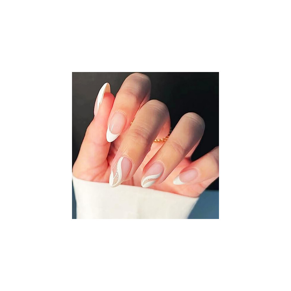 Cream Almond Press On Nails Glossy Nude French Medium Fake Nails With Butterfly Rhinestone Full Cover