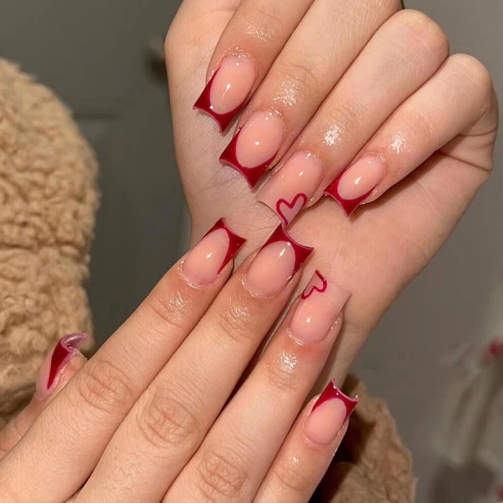 Pink,Cream French Tip Press On Nails With Heart Designs, Short Nude Pink Square Fake Nails Set With Glue And Tabs