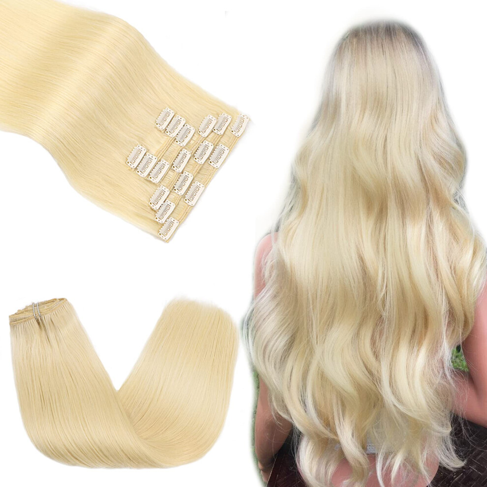Unisex Silver Platinum Blonde Clip In Hair Extensions 16 Inch 120G 7Pcs Silky Straight Remy Human Hair