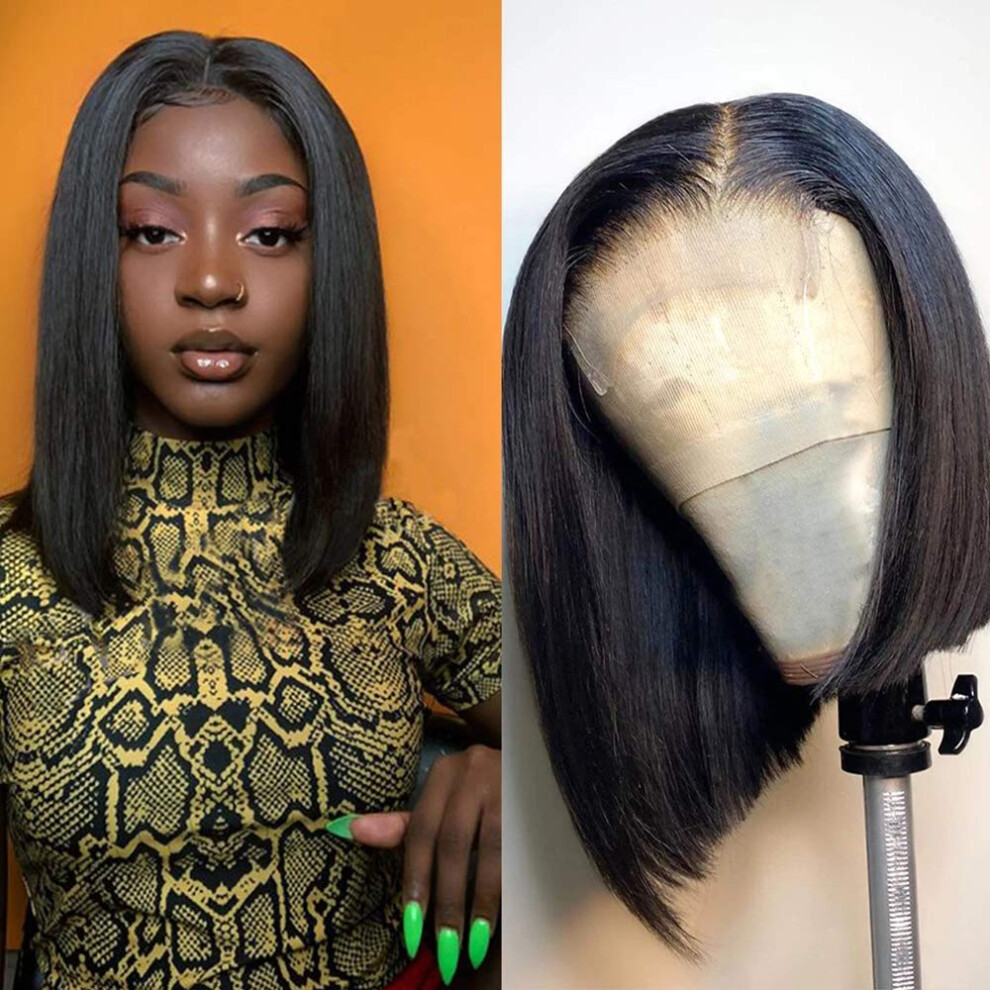 Unisex 14 Inch Straight Bob Wig Brazilian Human Hair With 4X4 Lace Closure And Natural Hairline