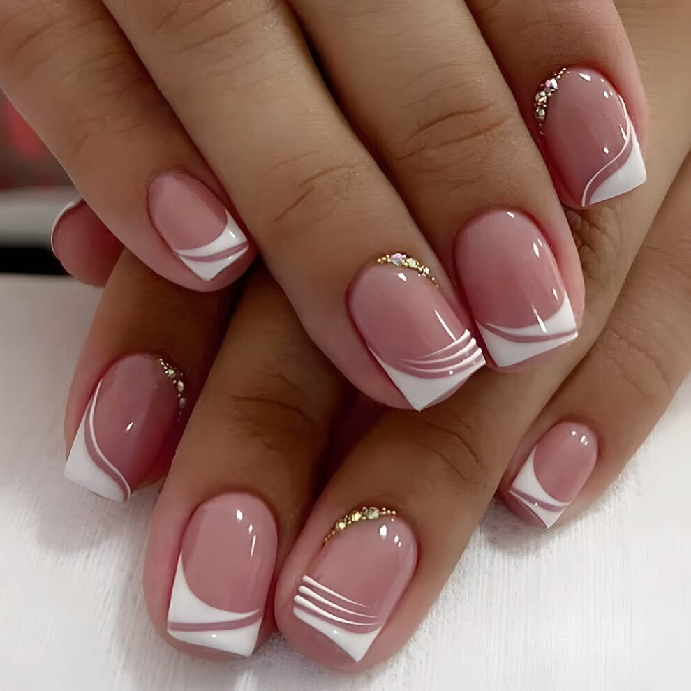 White,Cream Press On Nails French Tip Coffin Shape Fake Nails With Glue Nude And White With Diamonds 24Pcs