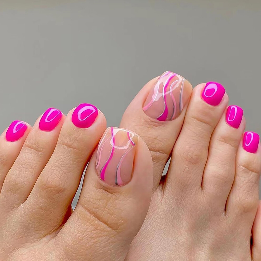 Pink Press On Toenails Kit With Glue Rose Short Square Fake Toenails For Women 24Pcs