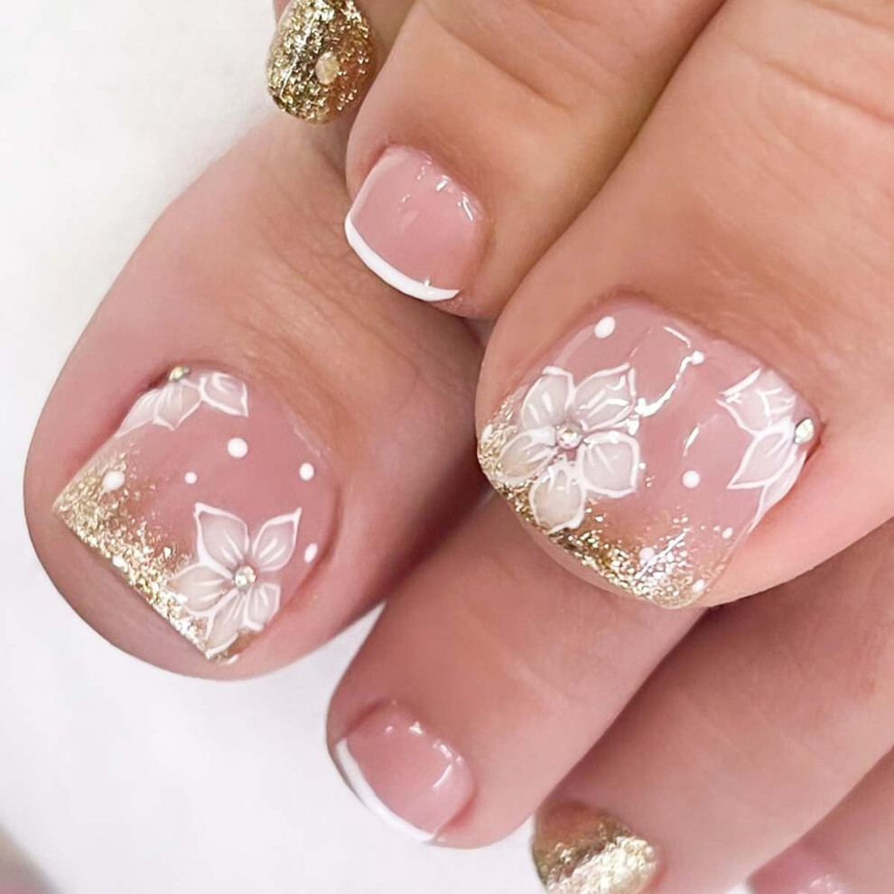Pink,Cream French Tip Press On Toenails Natural Nude Pink Acrylic Fake Toenails With Flower Design 24Pcs