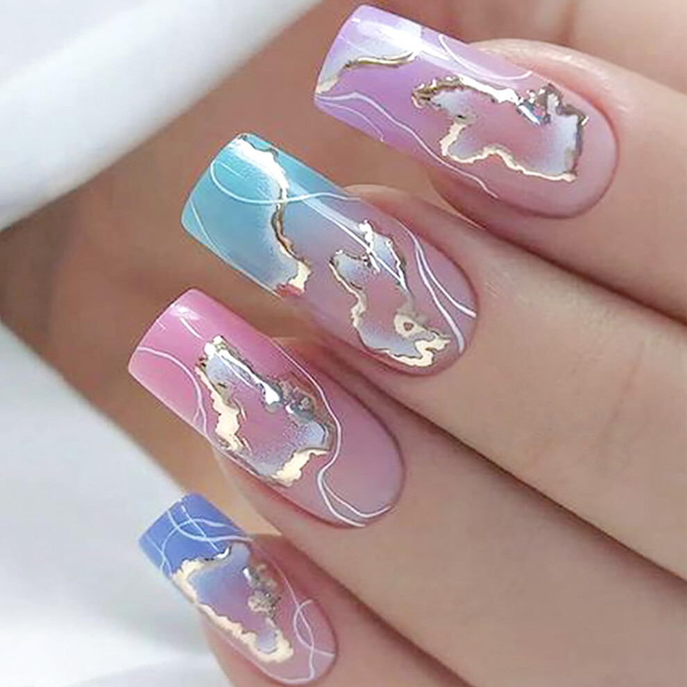 Press On Nails Kit for Women Medium Acrylic Fake Nails Gradient Glossy Full Cover with Glue