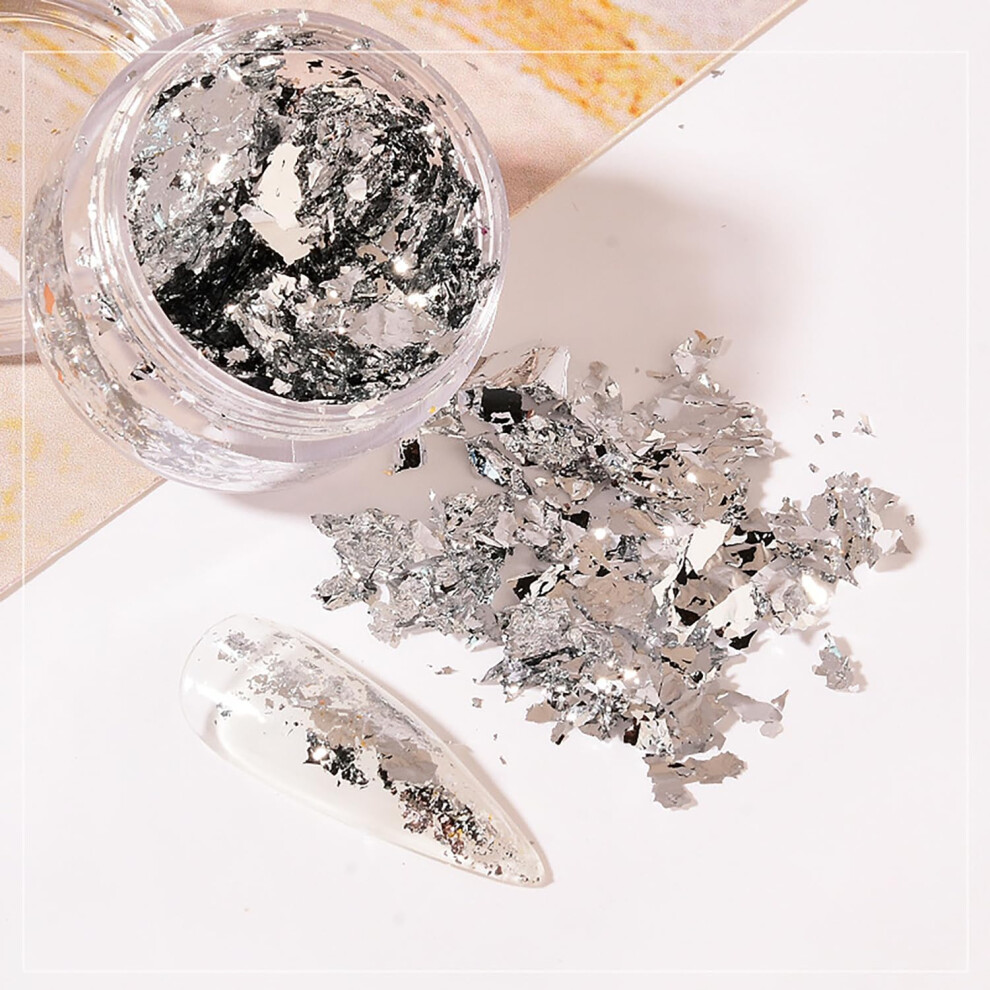 Gold/Silver And Nail Art Foil Flakes Set For Acrylic Gel Nails, Shine Dualstyle 2 Bottles