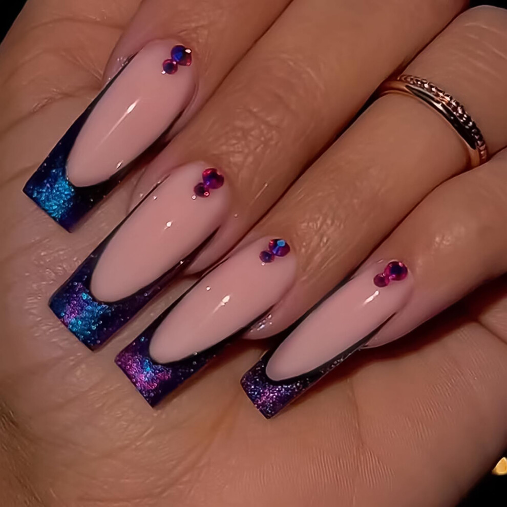 Coffin Press On Nails with Rhinestones Glitter French Tips Long Square Acrylic Fake Nails 24pcs