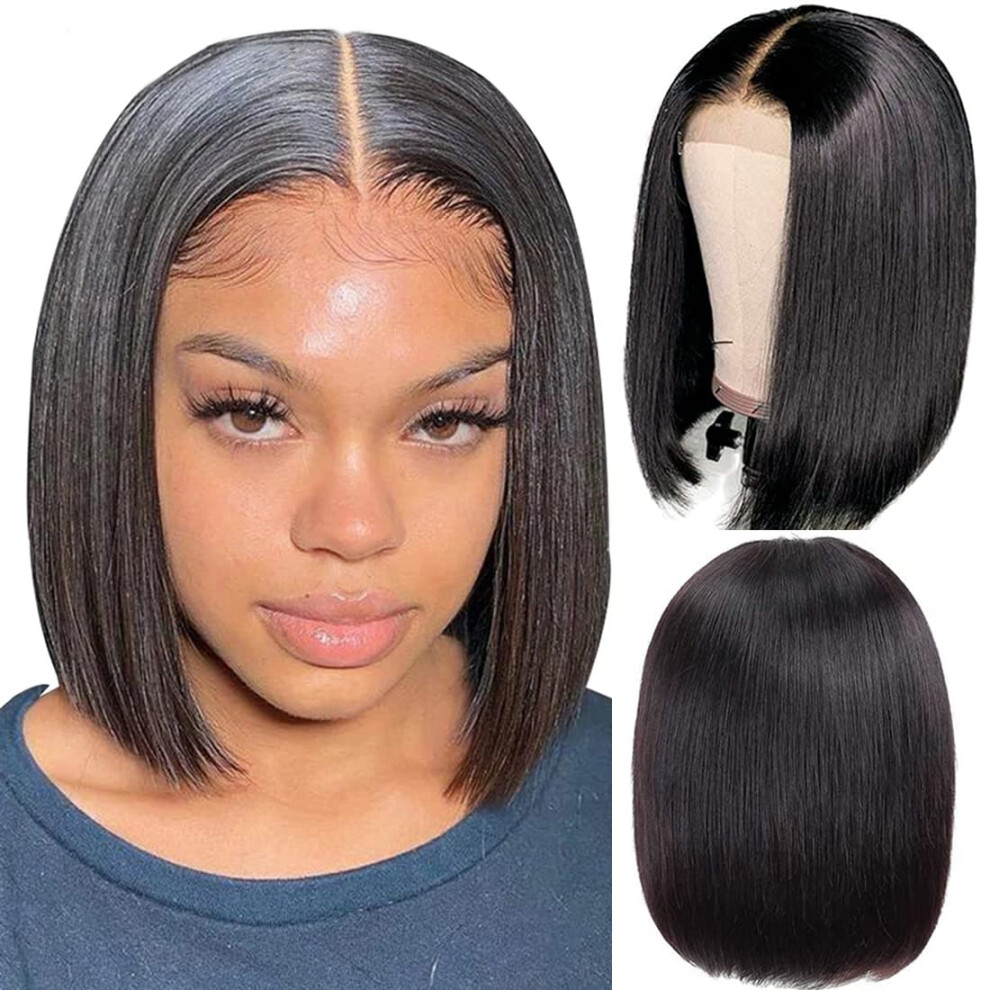 Unisex Black Short Bob Human Hair Wig For Women Glueless Hd Lace Front Virgin Hair Pre Plucked 4X4 Closure 12 Inch