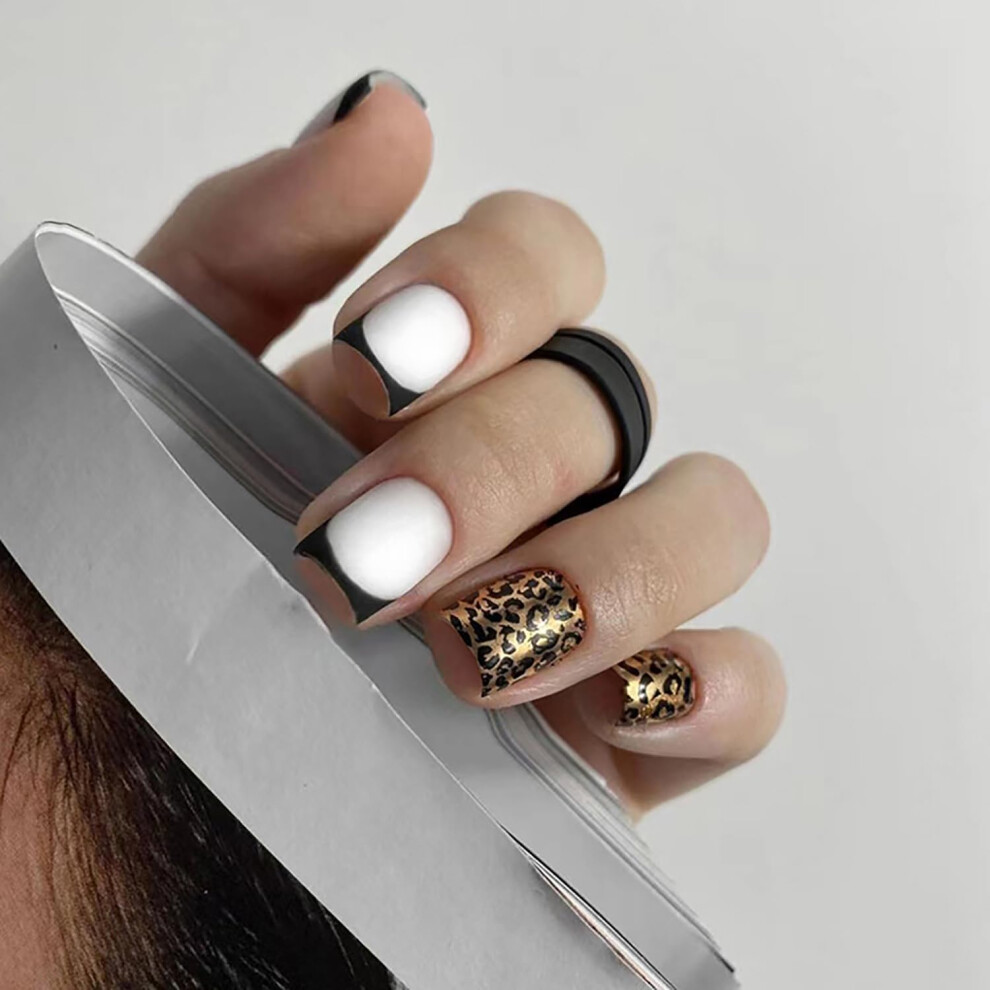 Short Matte Black French Tip Press on Nails with Leopard Accent, Reusable Square Acrylic Set 24Pcs