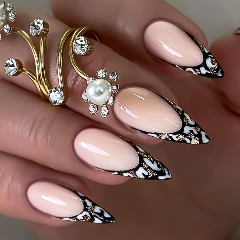 Black Short Almond Press On Nails With Leopard Design, Reusable Acrylic Fake Nails Set 24Pcs