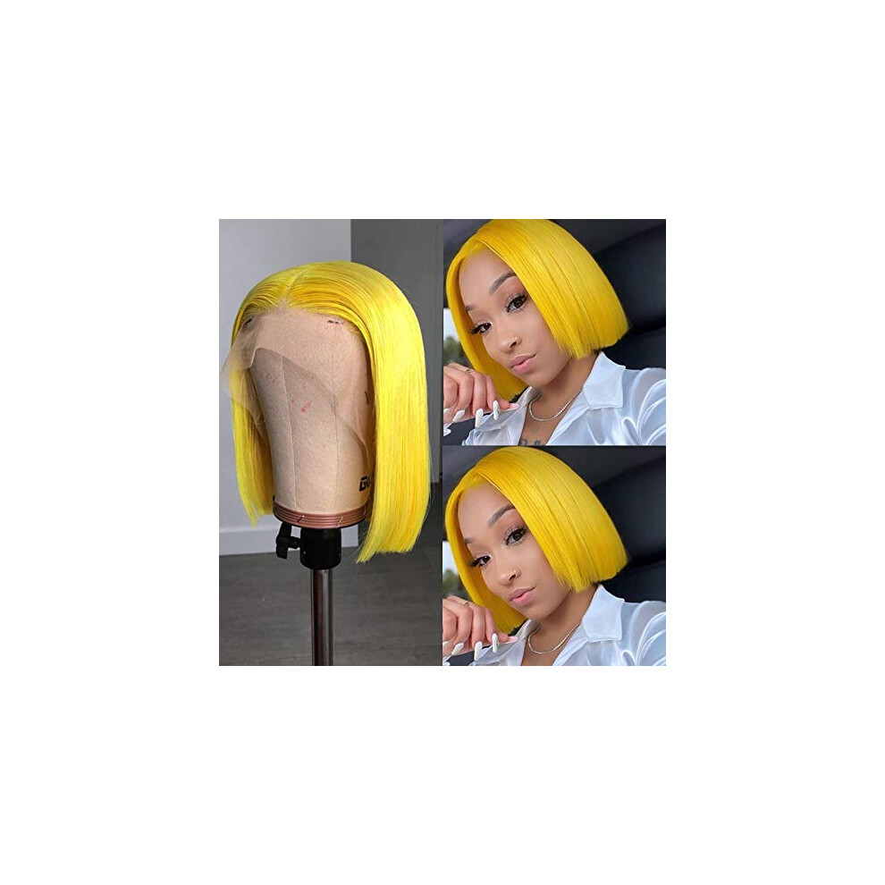 Unisex Yellow Human Hair Lace Front Wig Brazilian Bob Glueless 13X4 Preplucked Baby Hair 8 Inch