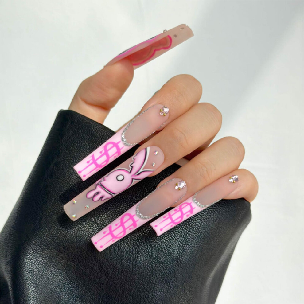 Handmade Gel Press On Nails Coffin Shape with Glossy French Design and Gems, Medium Size