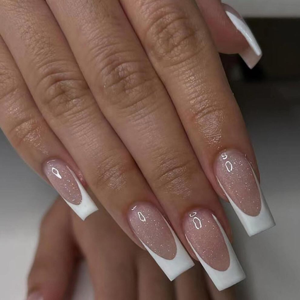 Cream French Gradient Press On Nails Set, 24Pcs Long Coffin Square Nude Acrylic False Tips With Glue