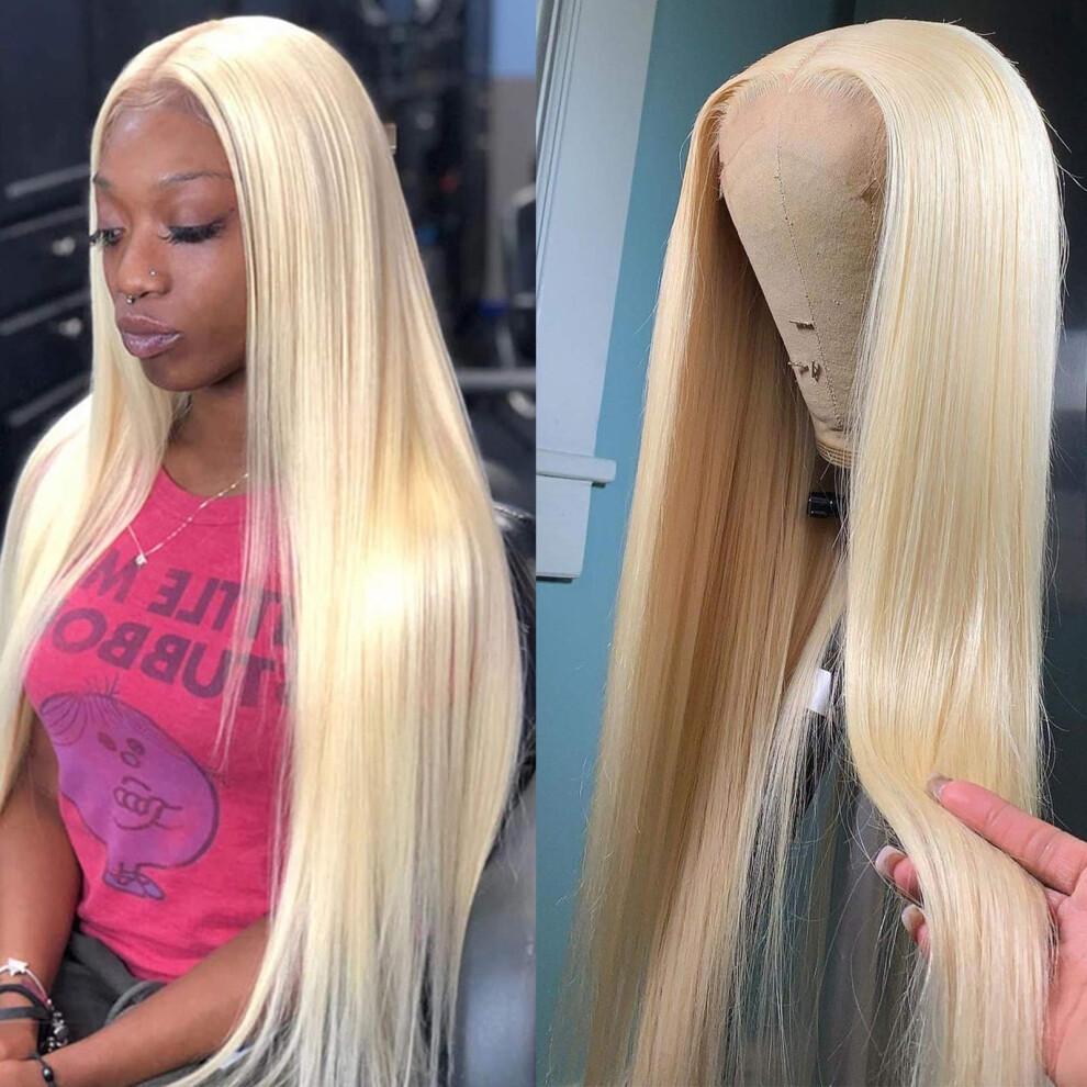 Unisex 613 Blonde 5X5 Lace Closure Wig Virgin Brazilian Human Hair 16 Inch Pre Plucked Transparent Lace