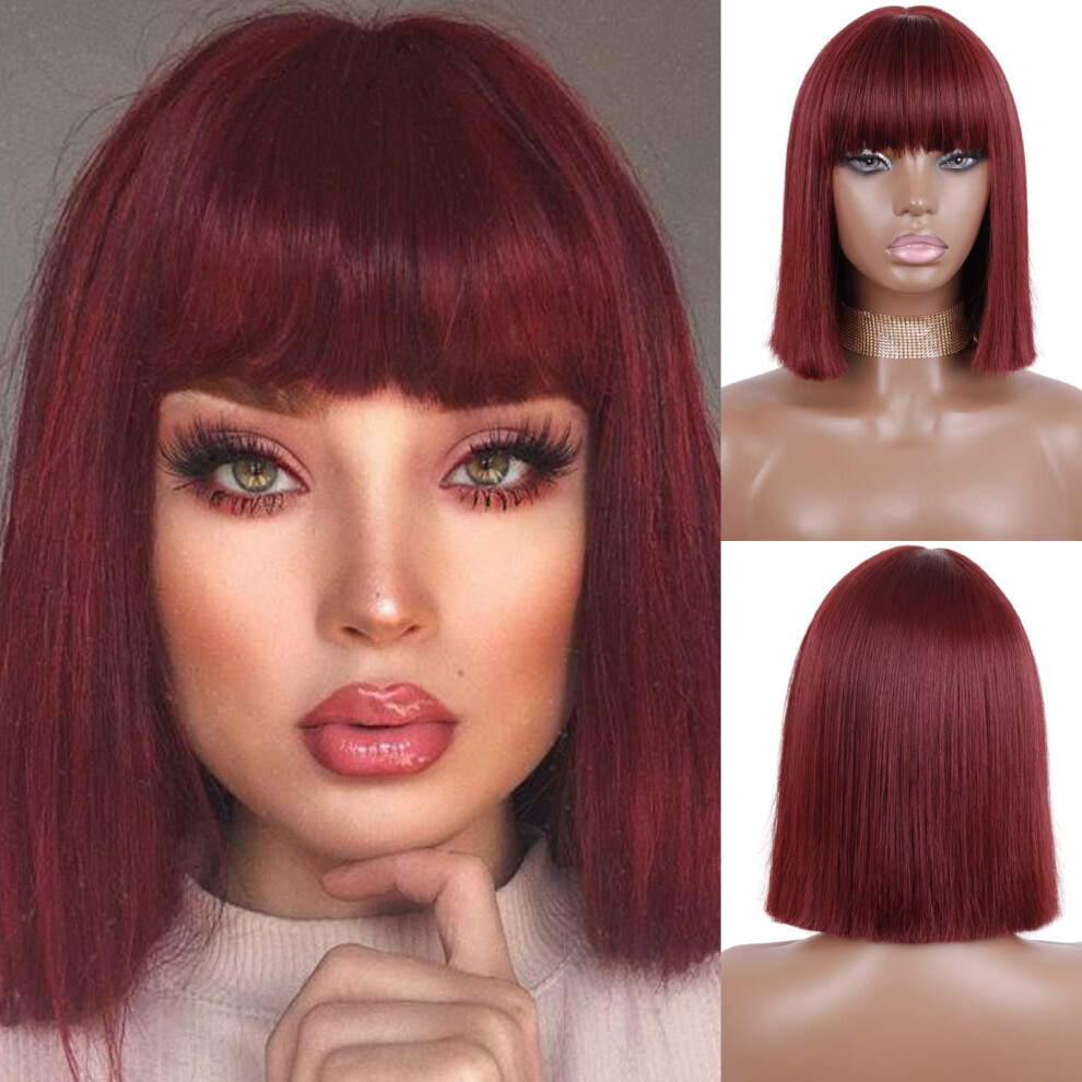 Red Bob Wig with Bangs, Heat Resistant Synthetic Short Bob, Burgundy Straight Wig for Women